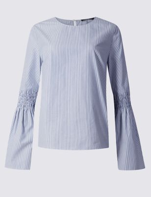 Pure Cotton Striped Fluted Sleeve Blouse